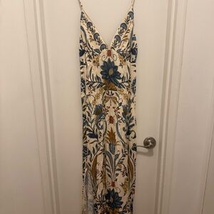 Farm Rio Floral Maxi Dress with Blue and Gold Accents
